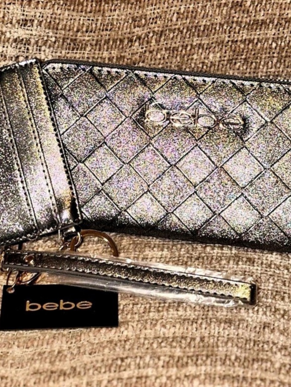 bebe Jenna Metallic Woven Wallet and Card Holder Set Black
